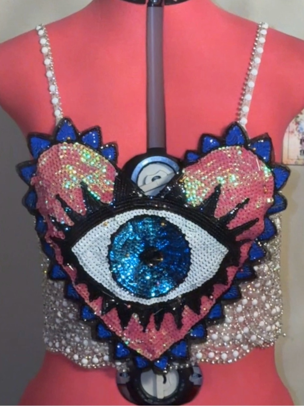 Sequin Heart Eye Crop Top with Pearl Straps - Pink/Blue